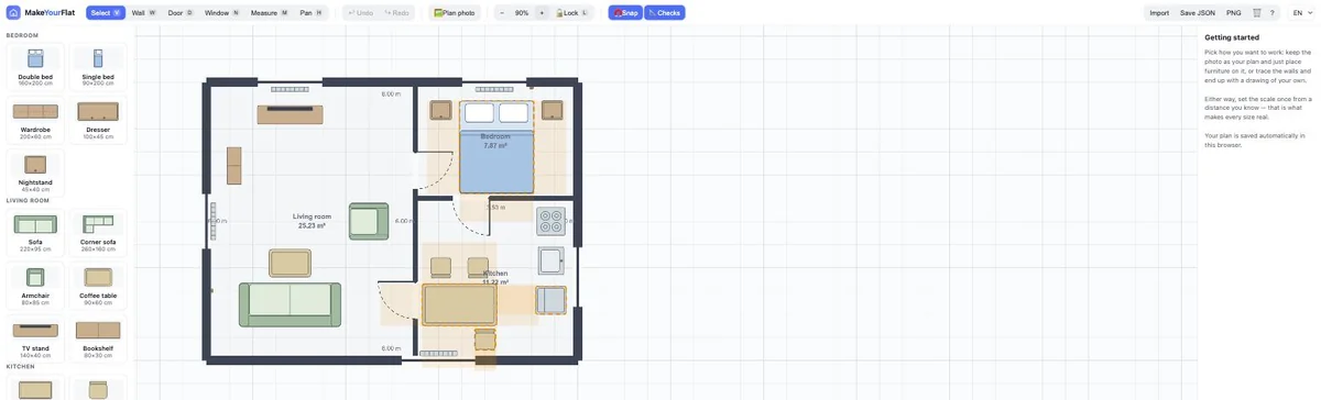MakeYourFlat editor: a 44 m&sup2; floor plan split into a 25.23 m&sup2; living room, a 7.87 m&sup2; bedroom and an 11.22 m&sup2; kitchen, with the furniture catalogue on the left listing sizes in centimetres